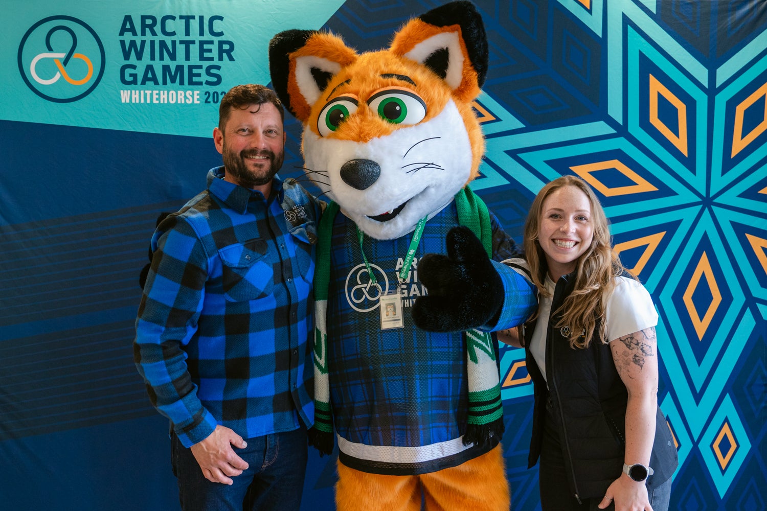 Northwestel Store x 2026 Arctic Winter Games Mascot launch event. L-R: Paolo Gallina, Michael Jay, Larissa Winslade
