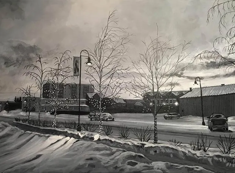 Walking out of the library at night: Art by Chantel Goodman