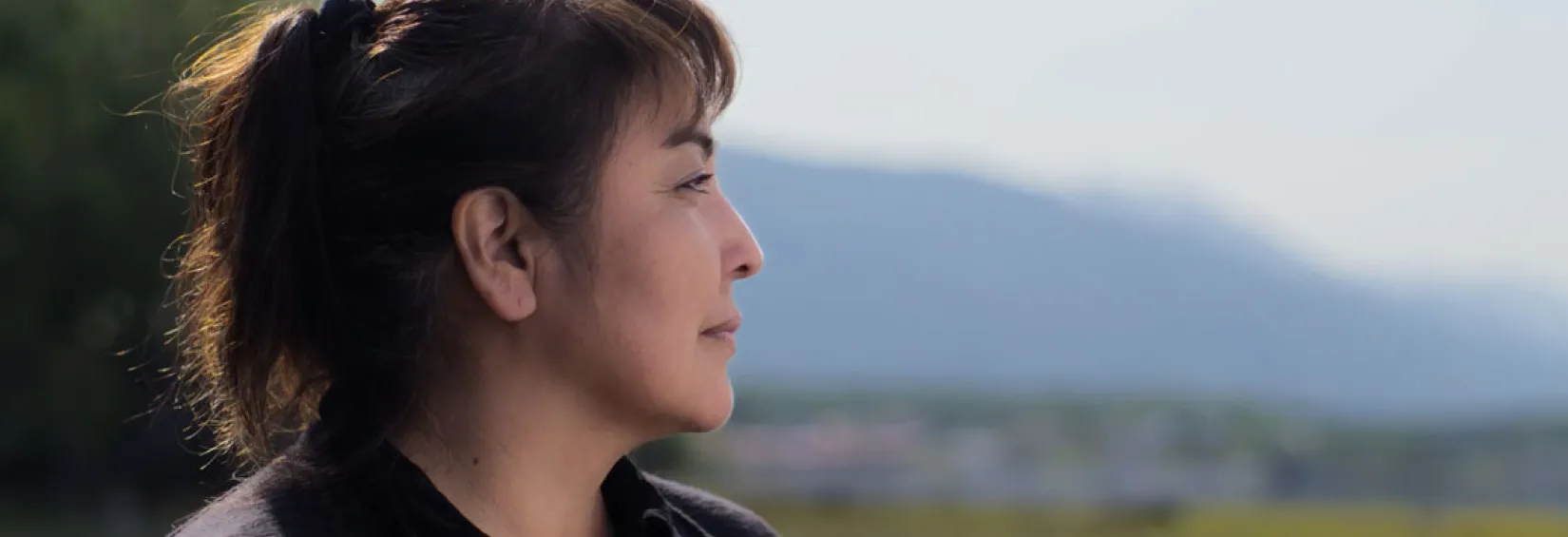 TRTFN Spokesperson Charmaine Thom looks out over Atlin Lake