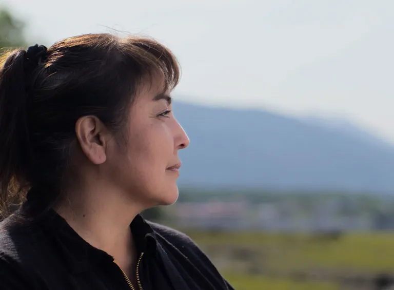 TRTFN Spokesperson Charmaine Thom looks out over Atlin Lake